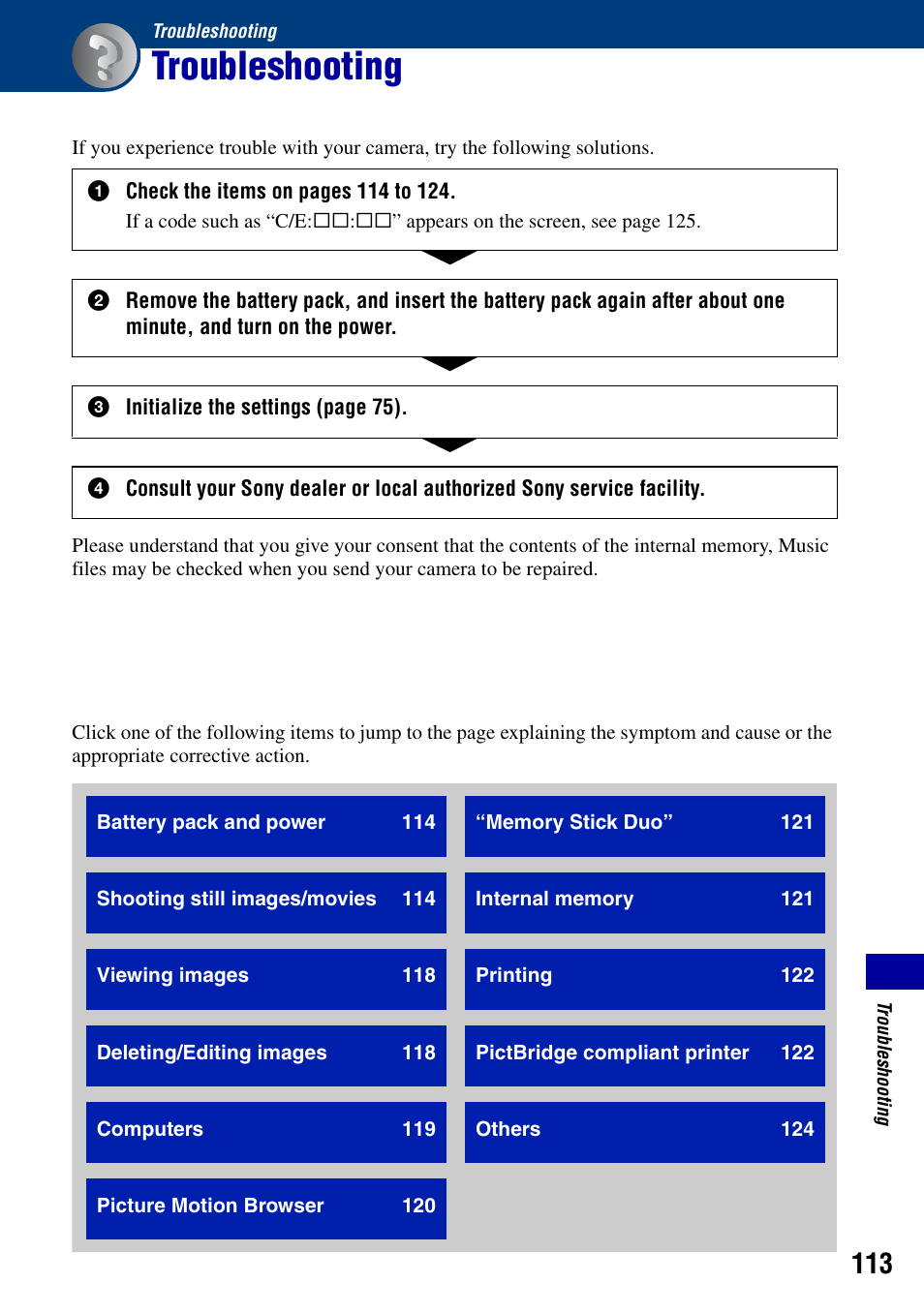 Troubleshooting | Sony Cyber-shot DSC-H9 User Manual | Page 113 / 137