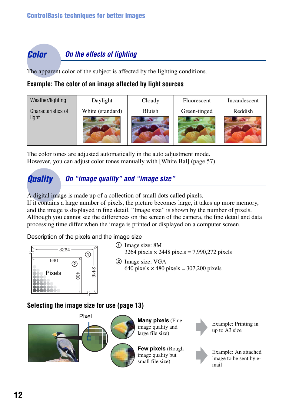 Color, Quality, Color – on the effects of lighting quality | On “image quality” and “image size | Sony Cyber-shot DSC-H9 User Manual | Page 12 / 137