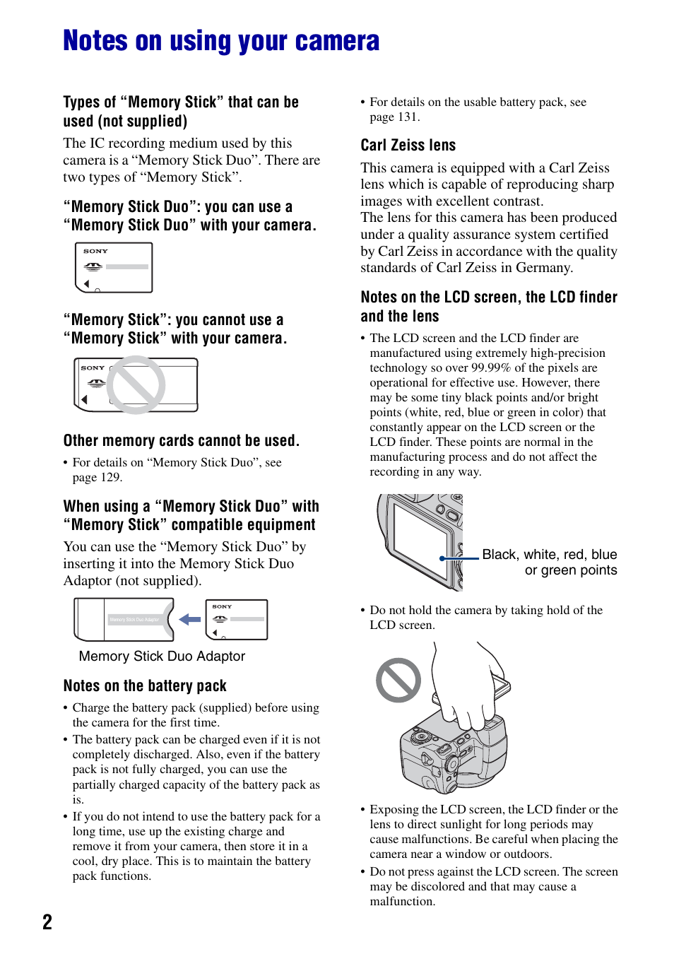 Notes on using your camera | Sony Cyber-shot DSC-H9 User Manual | Page 2 / 137