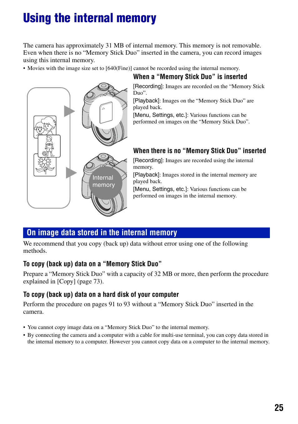 Using the internal memory | Sony Cyber-shot DSC-H9 User Manual | Page 25 / 137