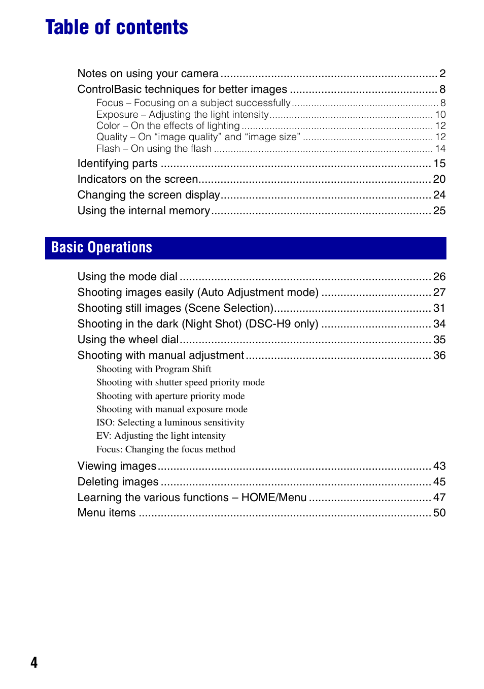 Sony Cyber-shot DSC-H9 User Manual | Page 4 / 137