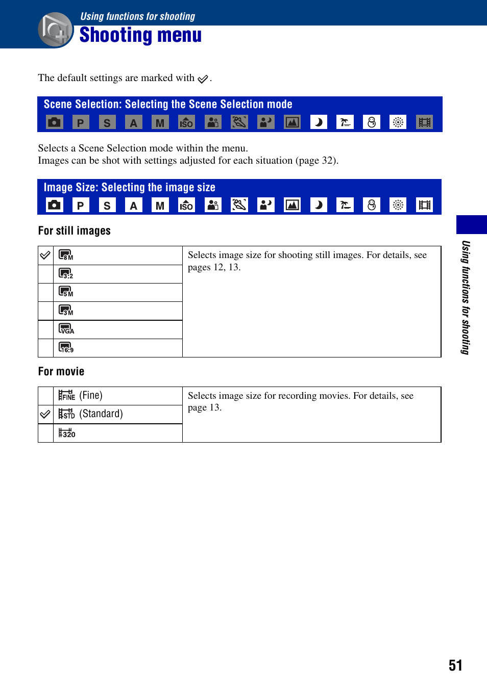 Using functions for shooting, Shooting menu, Image size: selecting the image size | Sony Cyber-shot DSC-H9 User Manual | Page 51 / 137