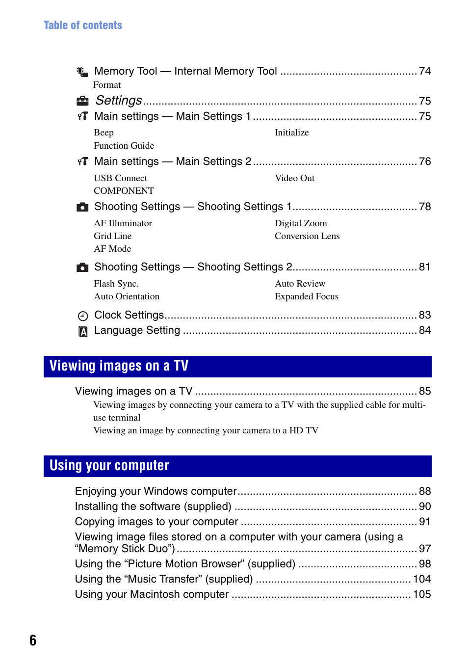 Viewing images on a tv using your computer, Settings | Sony Cyber-shot DSC-H9 User Manual | Page 6 / 137