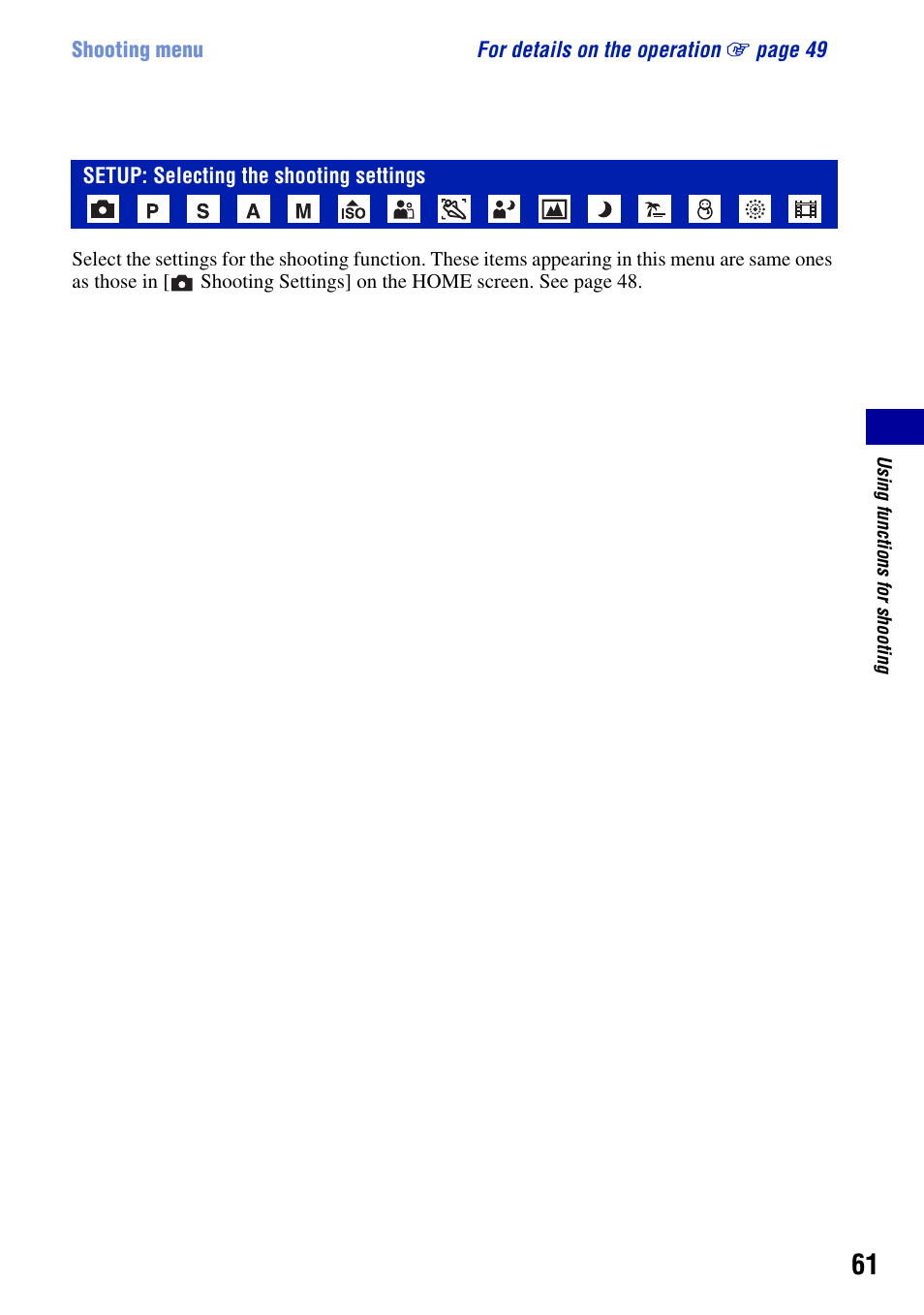 Setup: selecting the shooting settings | Sony Cyber-shot DSC-H9 User Manual | Page 61 / 137