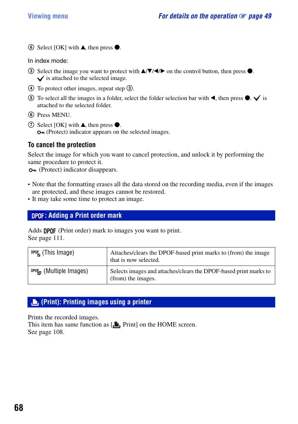 Dpof: adding a print order mark, Print): printing images using a printer, Adding a print order mark | Sony Cyber-shot DSC-H9 User Manual | Page 68 / 137