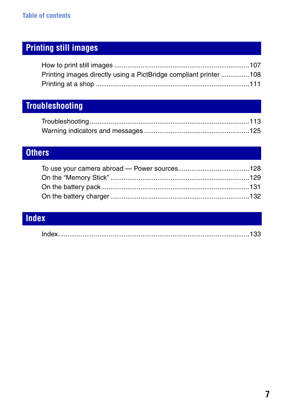 Printing still images troubleshooting others index | Sony Cyber-shot DSC-H9 User Manual | Page 7 / 137