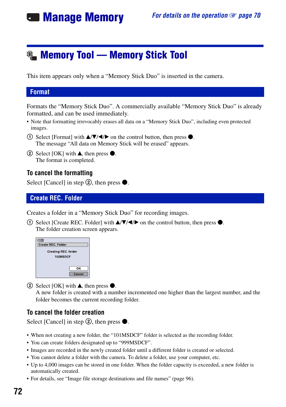 Manage memory, Memory tool - memory stick tool, Format | Create rec. folder, Memory tool — memory stick tool, Format create rec. folder | Sony Cyber-shot DSC-H9 User Manual | Page 72 / 137