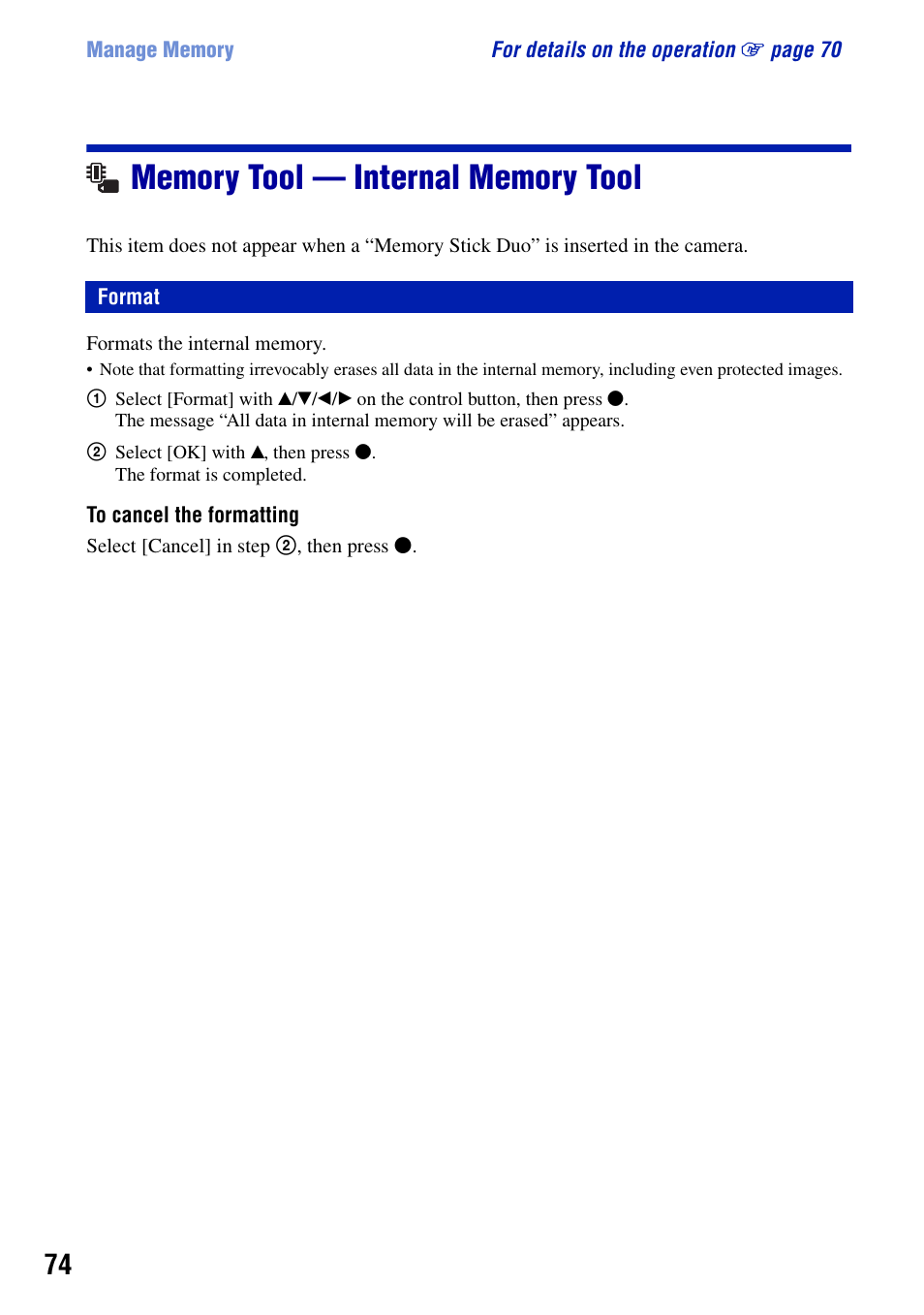 Memory tool - internal memory tool, Format, Memory tool — internal memory tool | Sony Cyber-shot DSC-H9 User Manual | Page 74 / 137