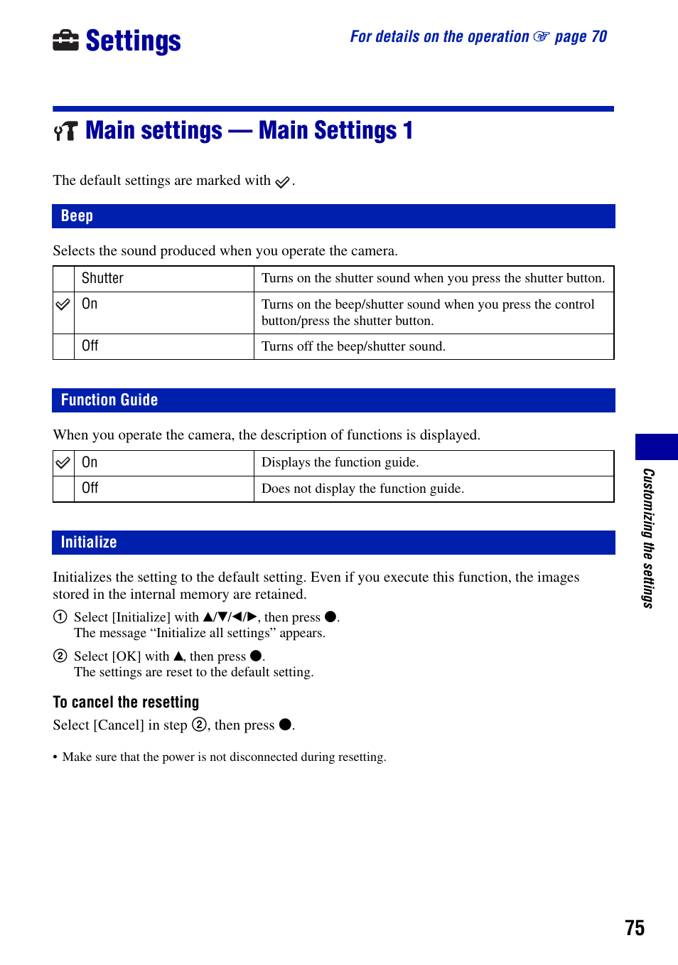 Settings, Main settings - main settings 1, Beep | Function guide, Initialize, Main settings — main settings 1, Beep function guide | Sony Cyber-shot DSC-H9 User Manual | Page 75 / 137