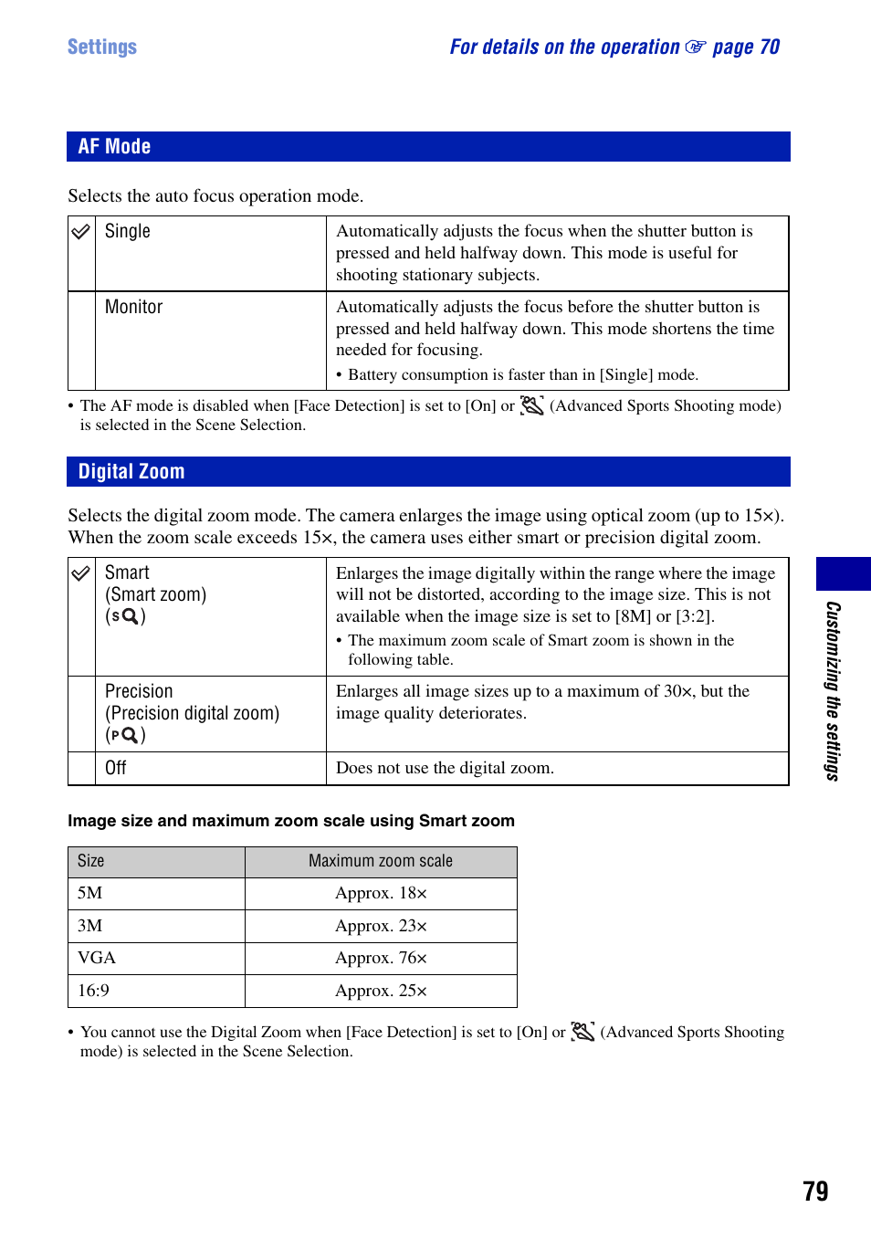 Af mode, Digital zoom | Sony Cyber-shot DSC-H9 User Manual | Page 79 / 137