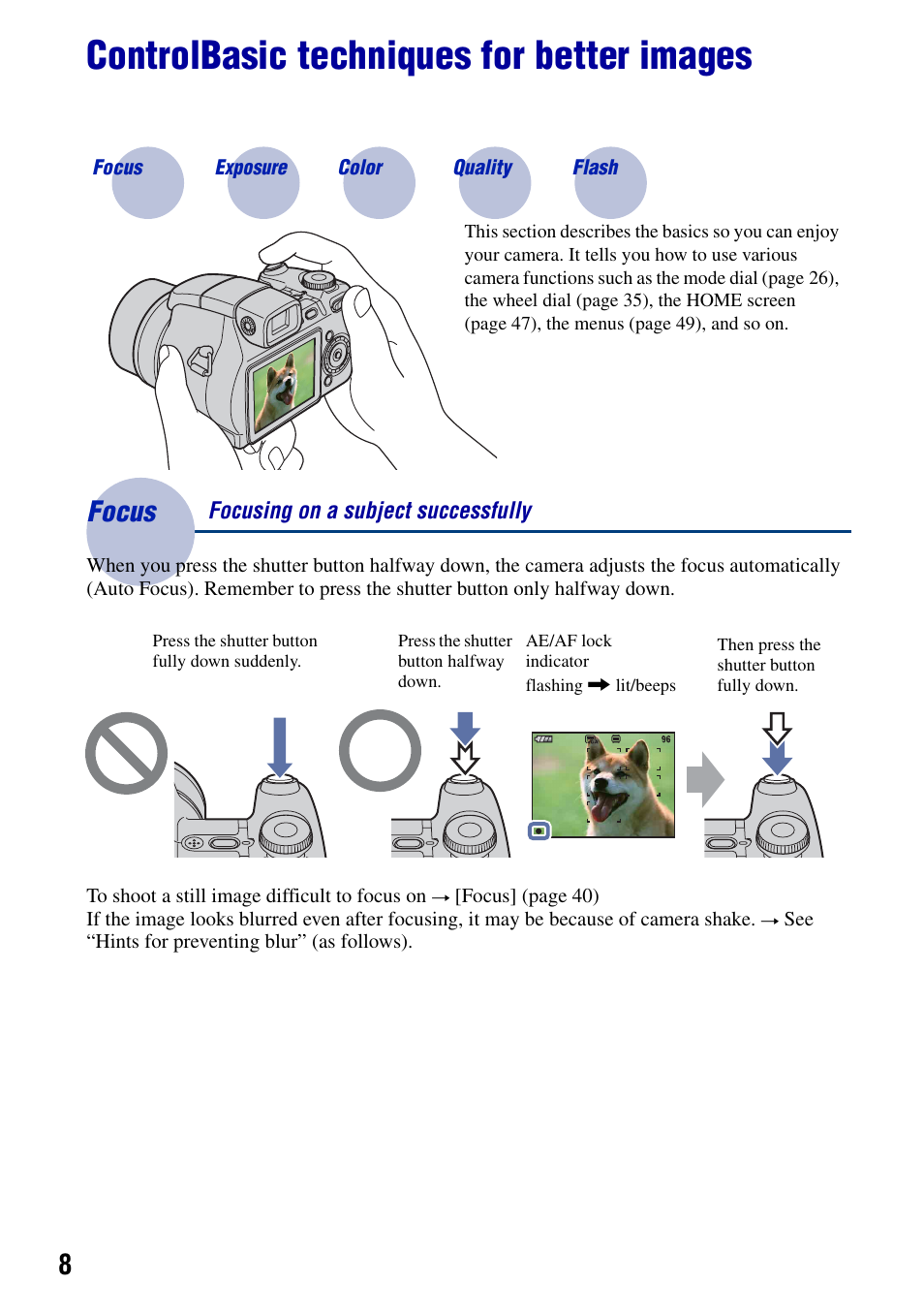 Controlbasic techniques for better images, Focus, Focus – focusing on a subject successfully | Sony Cyber-shot DSC-H9 User Manual | Page 8 / 137