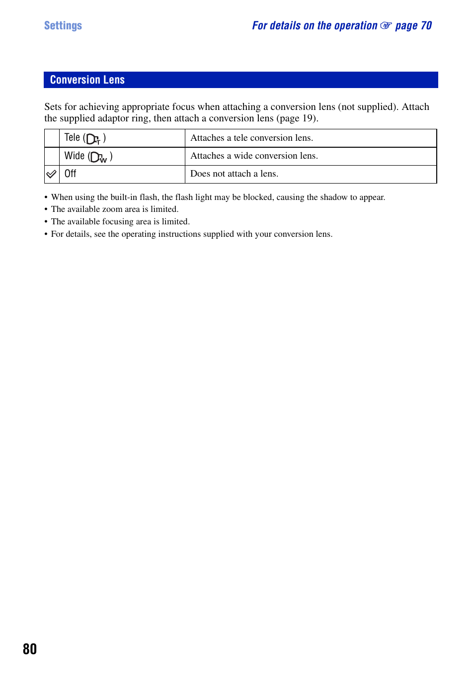 Conversion lens | Sony Cyber-shot DSC-H9 User Manual | Page 80 / 137