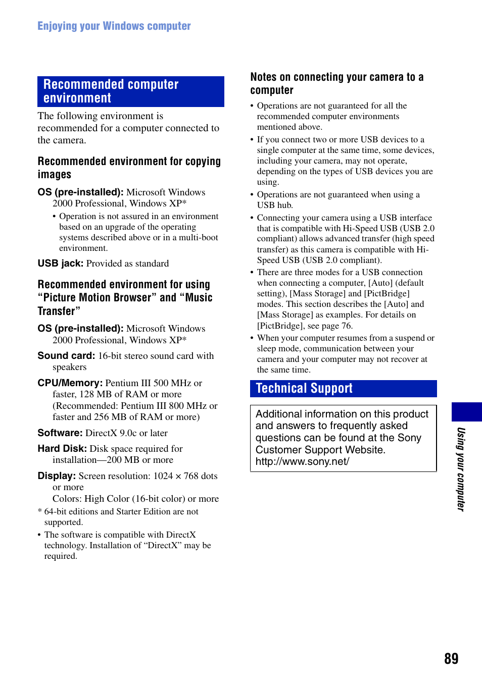 Recommended computer environment technical support | Sony Cyber-shot DSC-H9 User Manual | Page 89 / 137