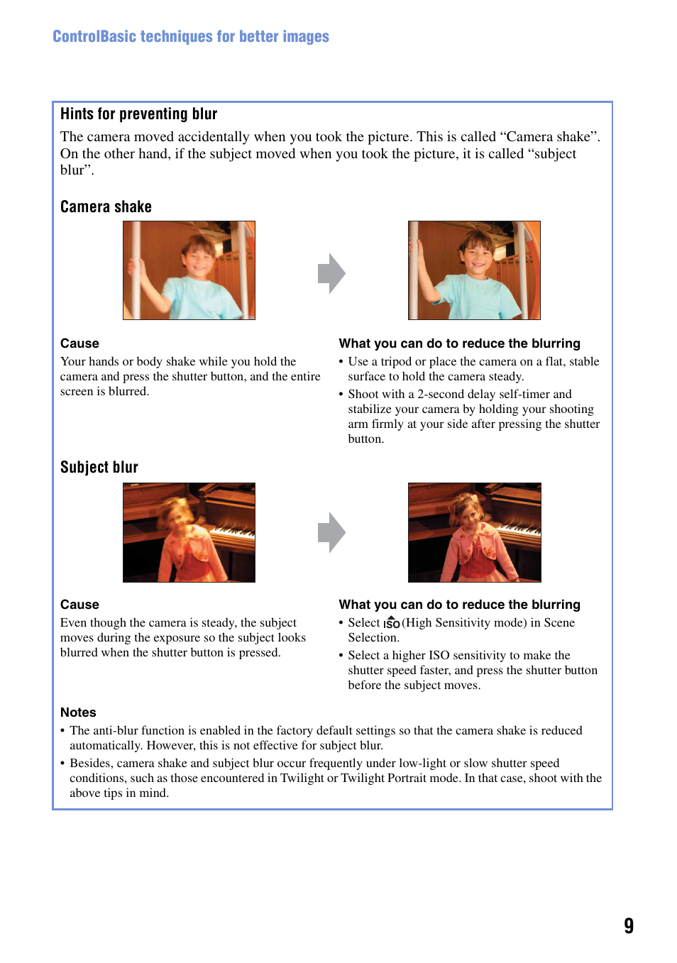 Hints for preventing blur | Sony Cyber-shot DSC-H9 User Manual | Page 9 / 137