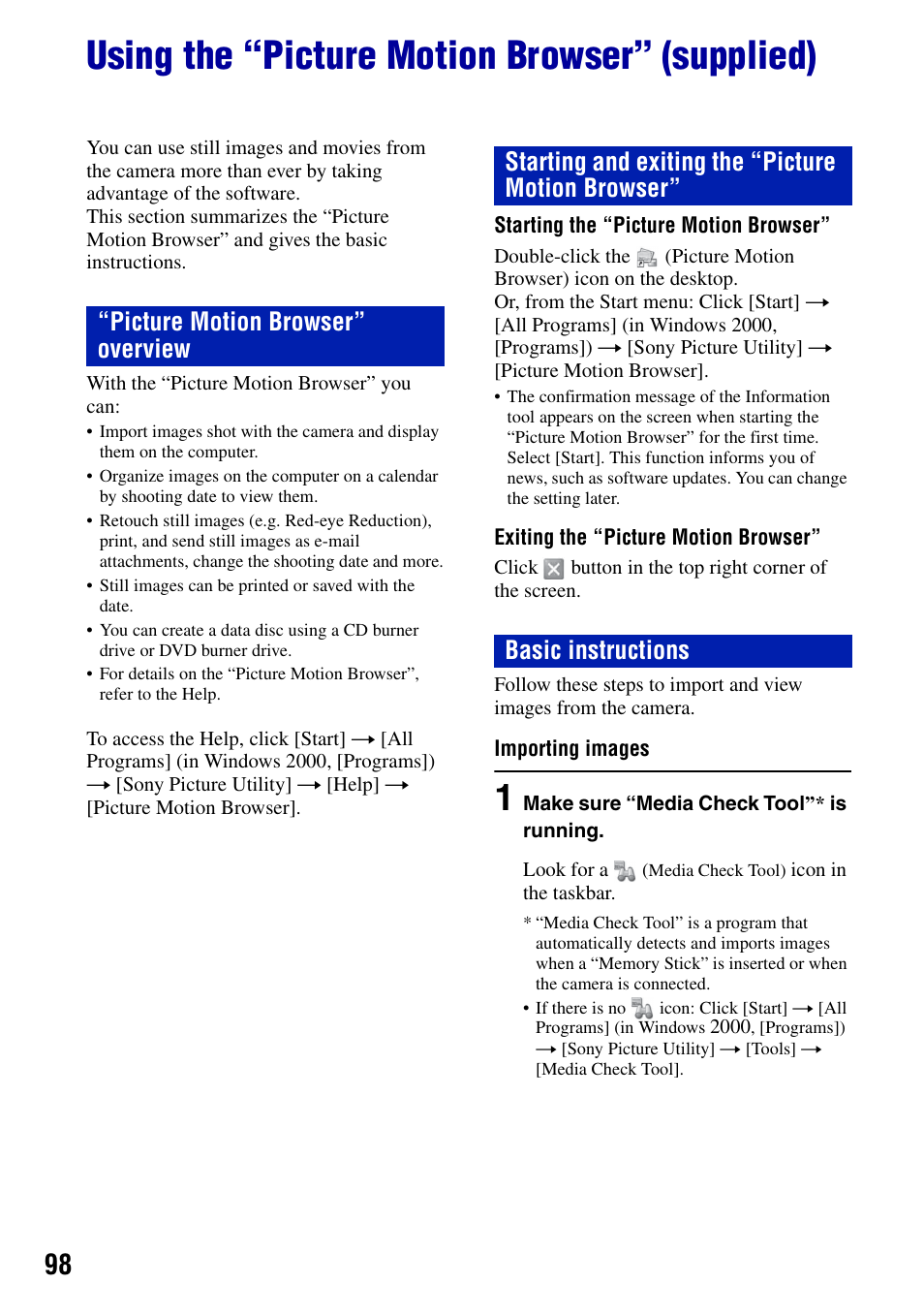 Using the “picture motion browser” (supplied), Es 98 and 104) | Sony Cyber-shot DSC-H9 User Manual | Page 98 / 137