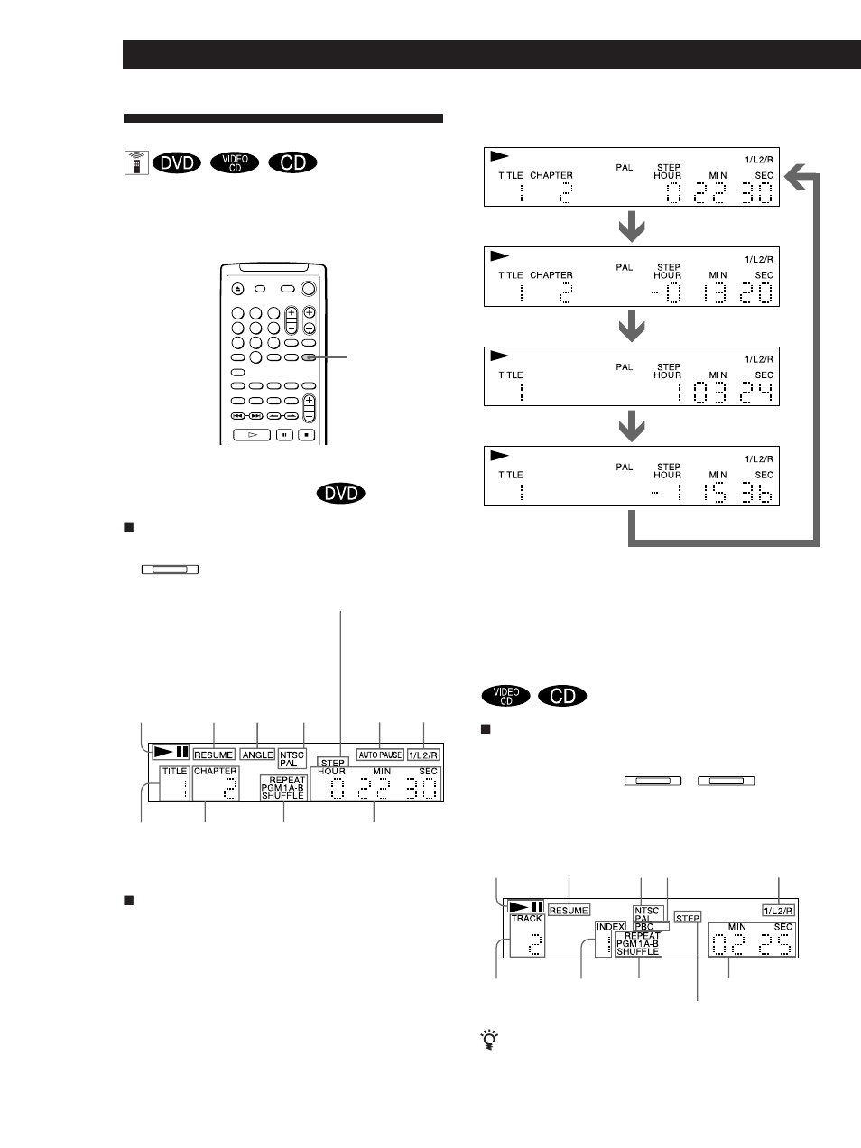Using the front panel display z, Playing discs in various modes, When playing back a cd/video cd | When playing back a dvd | Sony DVP-M35 User Manual | Page 20 / 50