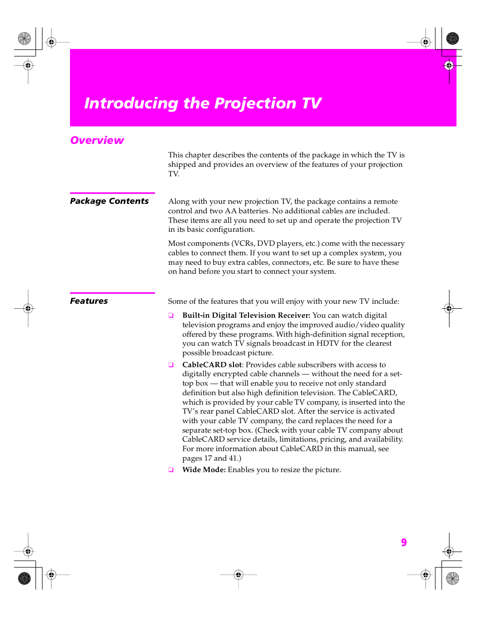 Introducing the projection tv, Overview, Package contents | Features, Package contents features | Sony KDP 51WS655 User Manual | Page 10 / 113