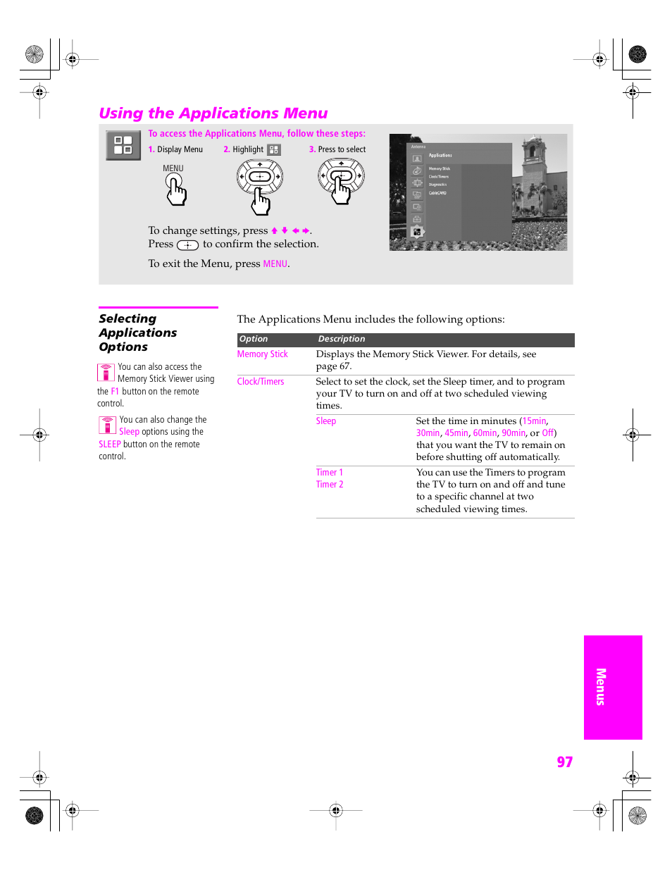 Using the applications menu, Selecting applications options | Sony KDP 51WS655 User Manual | Page 100 / 113