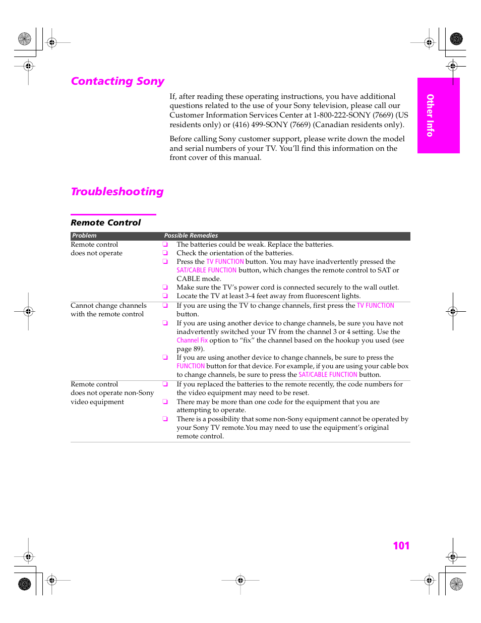 Contacting sony, Troubleshooting, Remote control | Contacting sony troubleshooting | Sony KDP 51WS655 User Manual | Page 104 / 113