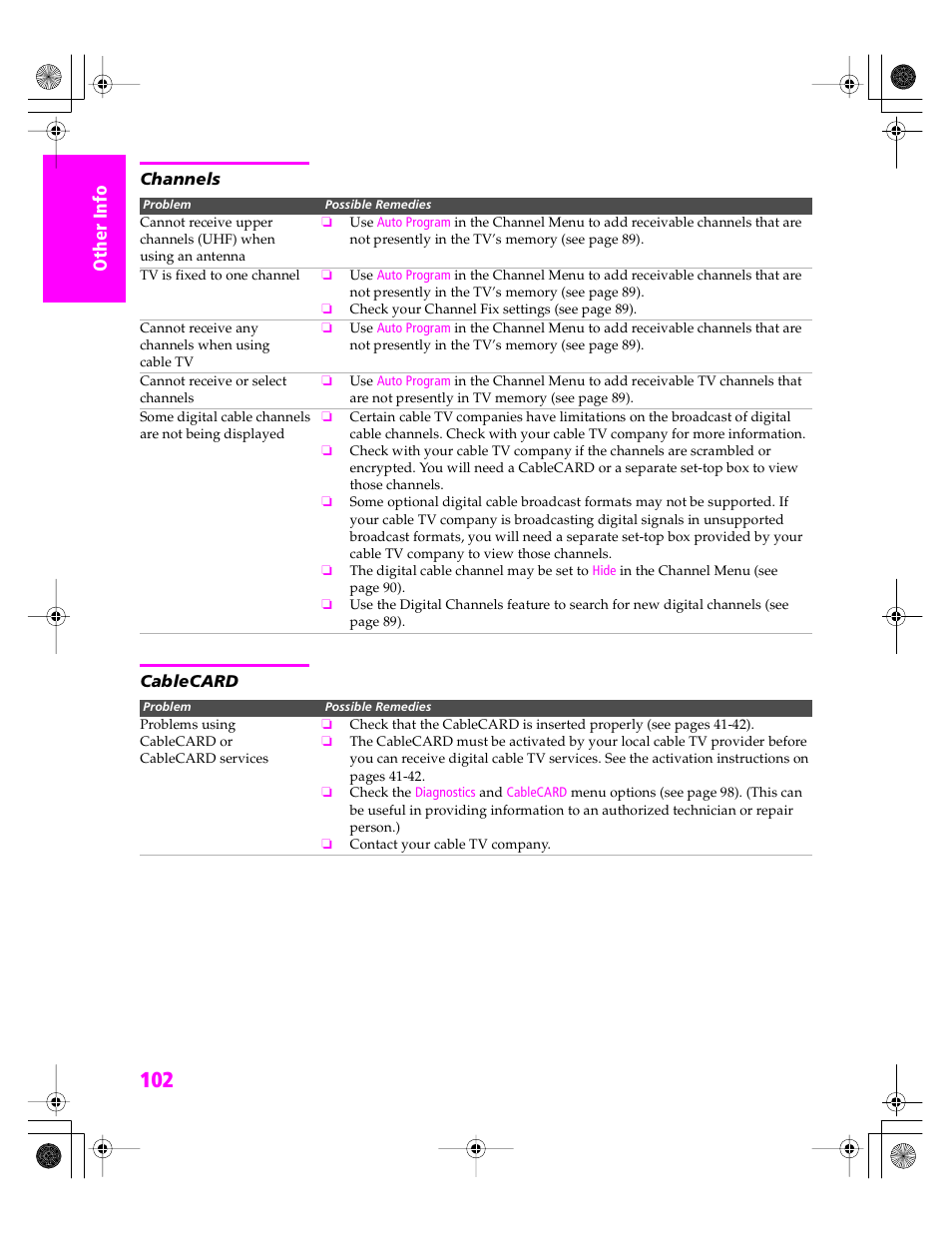 Channels, Cablecard | Sony KDP 51WS655 User Manual | Page 105 / 113