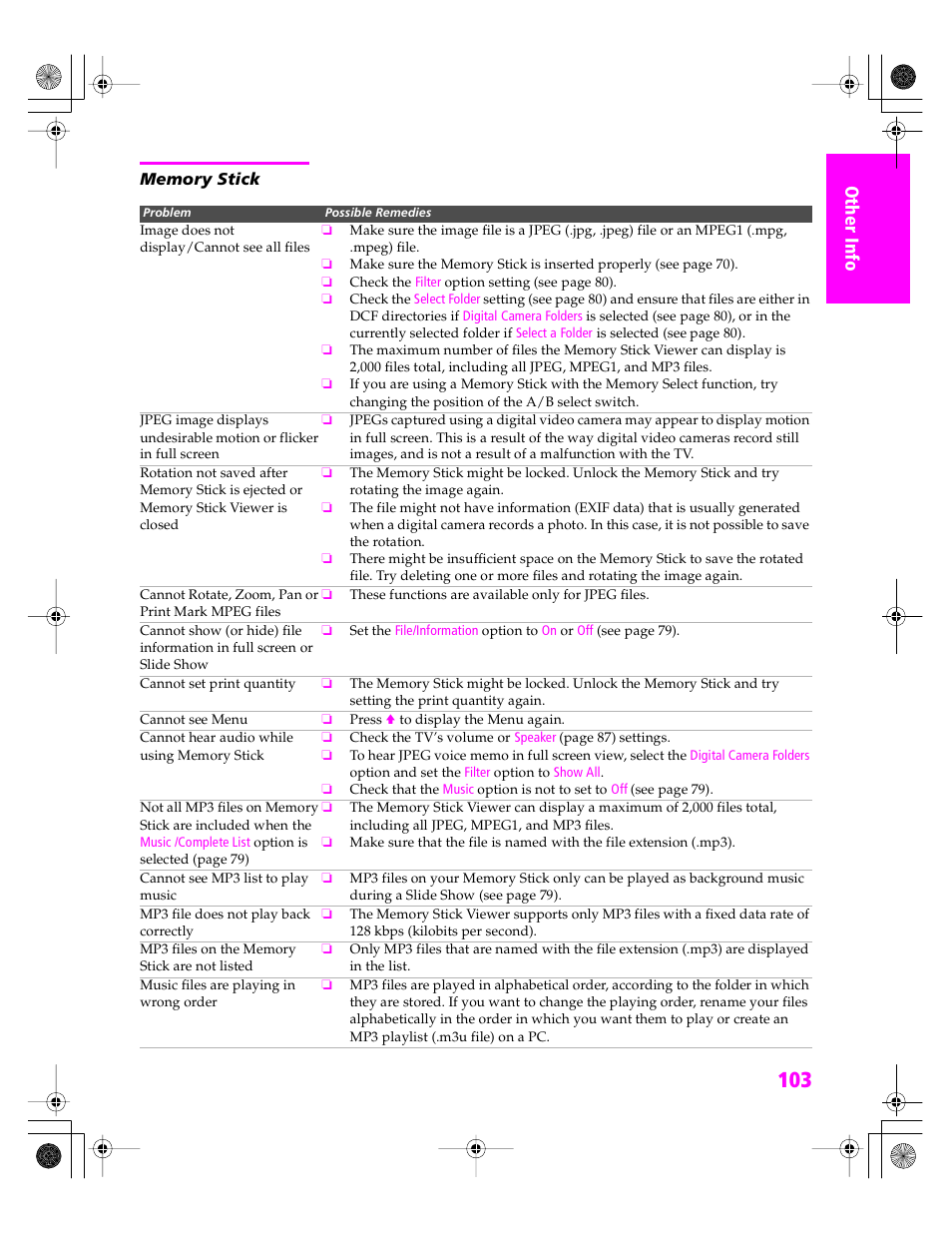 Memory stick | Sony KDP 51WS655 User Manual | Page 106 / 113