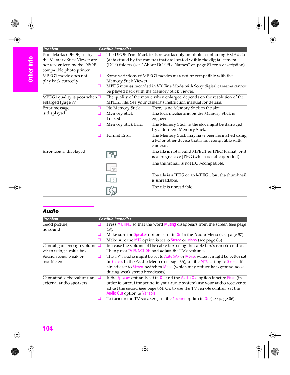 Audio | Sony KDP 51WS655 User Manual | Page 107 / 113