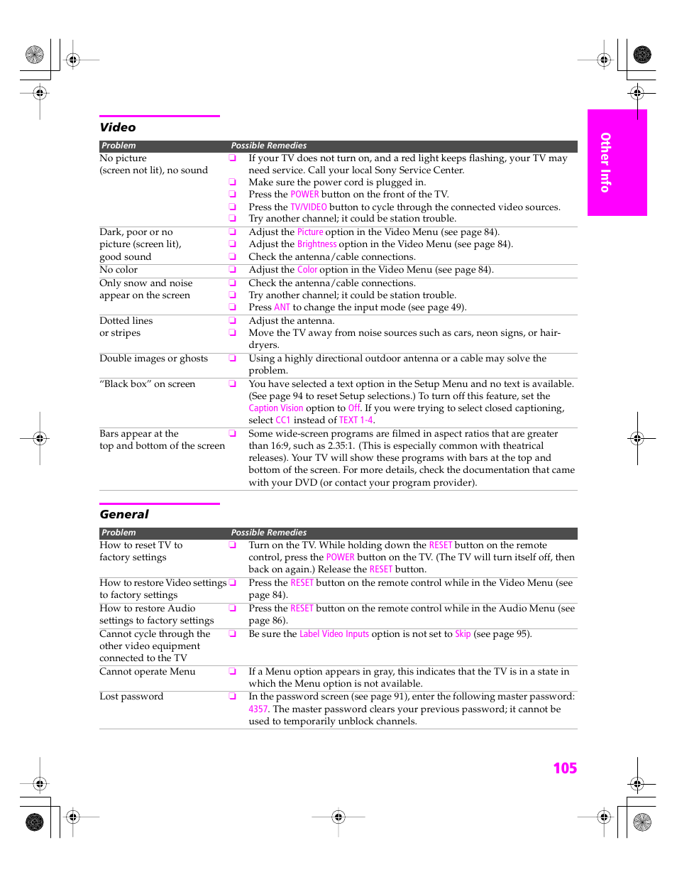 Video, General | Sony KDP 51WS655 User Manual | Page 108 / 113