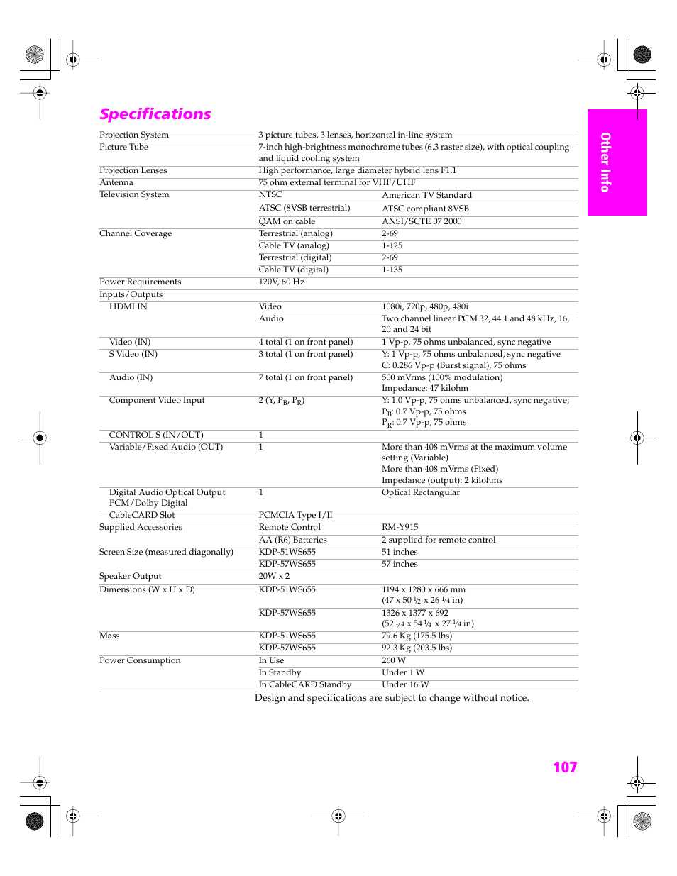 Specifications | Sony KDP 51WS655 User Manual | Page 110 / 113