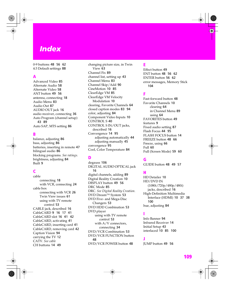 Index | Sony KDP 51WS655 User Manual | Page 112 / 113