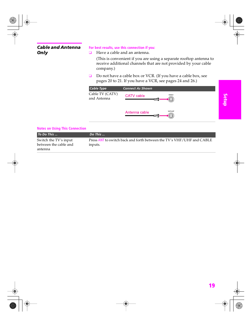 Cable and antenna only | Sony KDP 51WS655 User Manual | Page 20 / 113