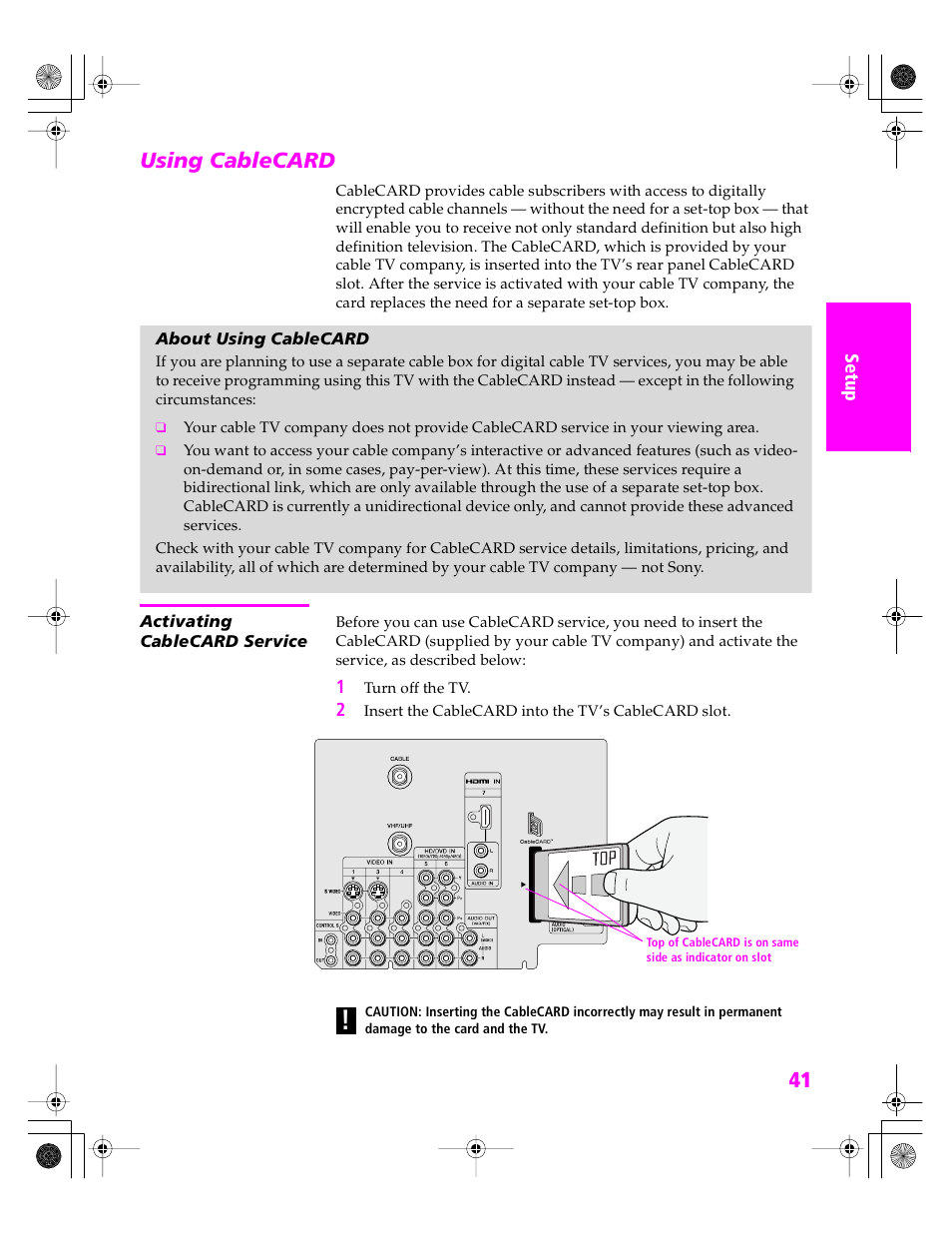 Using cablecard, About using cablecard, Activating cablecard service | Sony KDP 51WS655 User Manual | Page 42 / 113