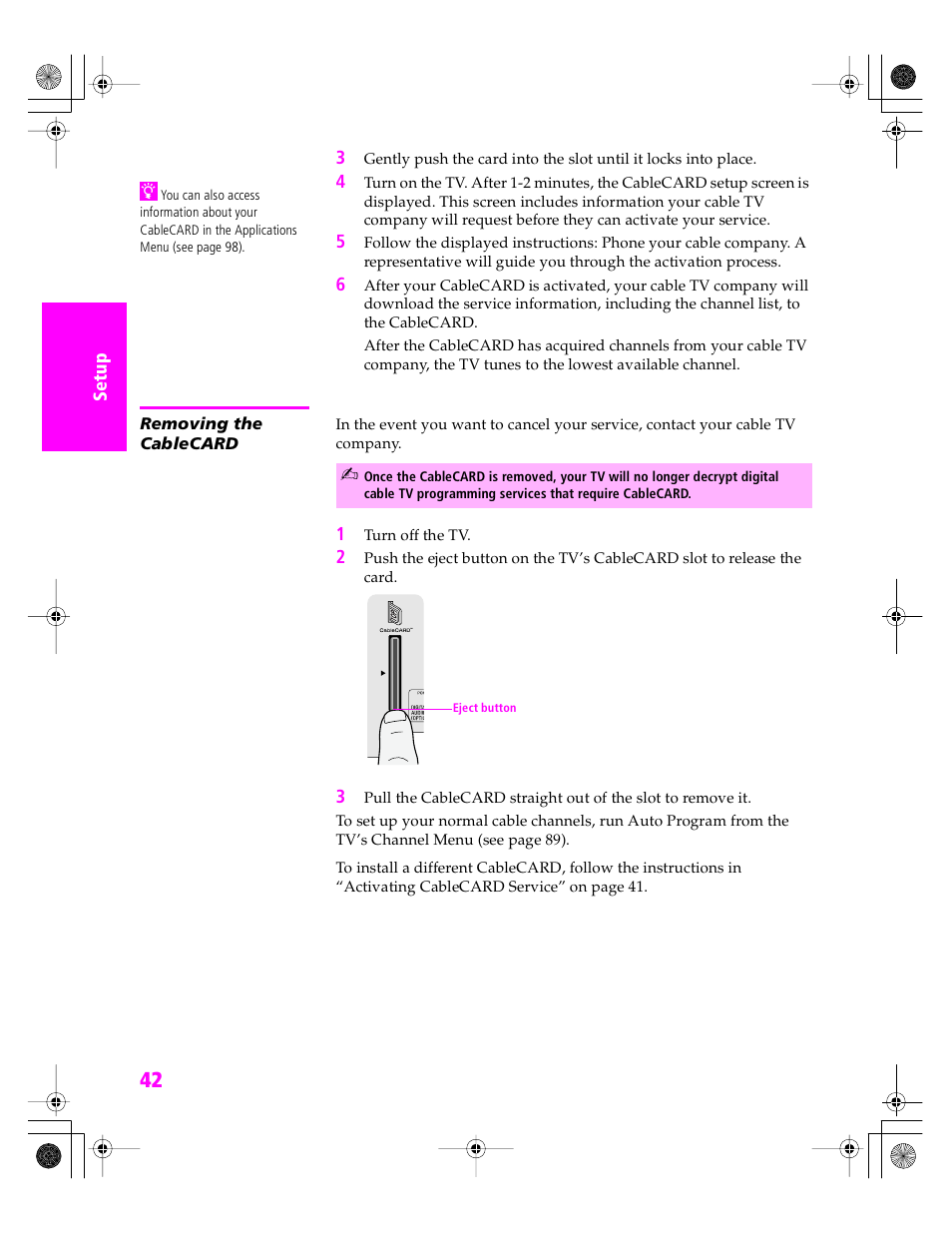 Removing the cablecard | Sony KDP 51WS655 User Manual | Page 43 / 113