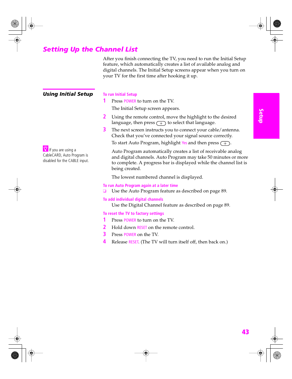 Setting up the channel list, Using initial setup | Sony KDP 51WS655 User Manual | Page 44 / 113