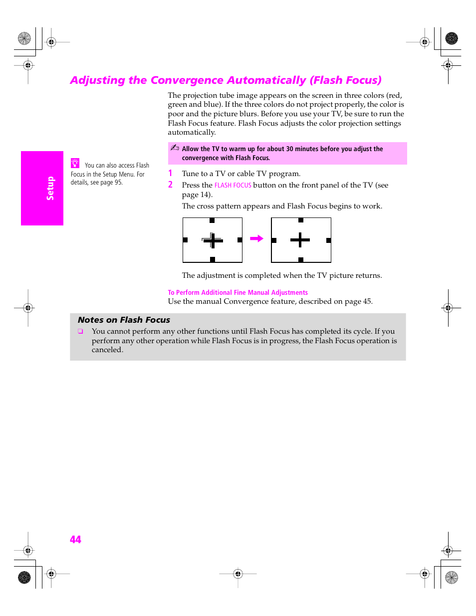 Notes on flash focus | Sony KDP 51WS655 User Manual | Page 45 / 113