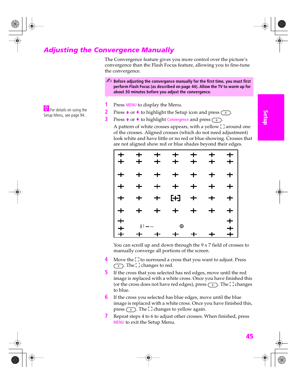 Adjusting the convergence manually | Sony KDP 51WS655 User Manual | Page 46 / 113