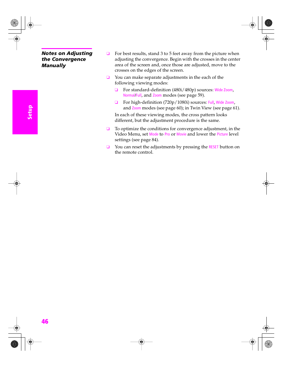 Notes on adjusting the convergence manually | Sony KDP 51WS655 User Manual | Page 47 / 113