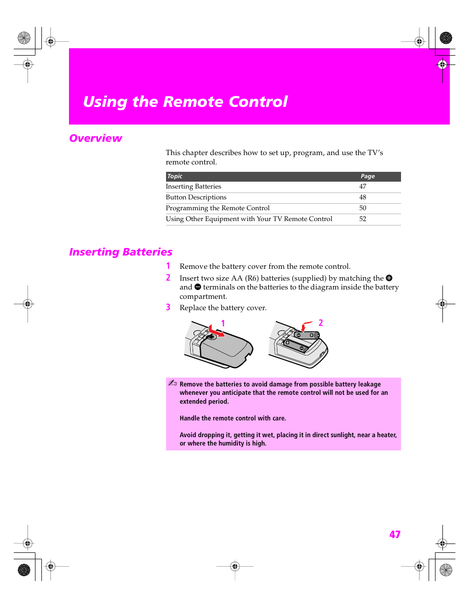 Using the remote control, Overview, Inserting batteries | Overview inserting batteries | Sony KDP 51WS655 User Manual | Page 48 / 113