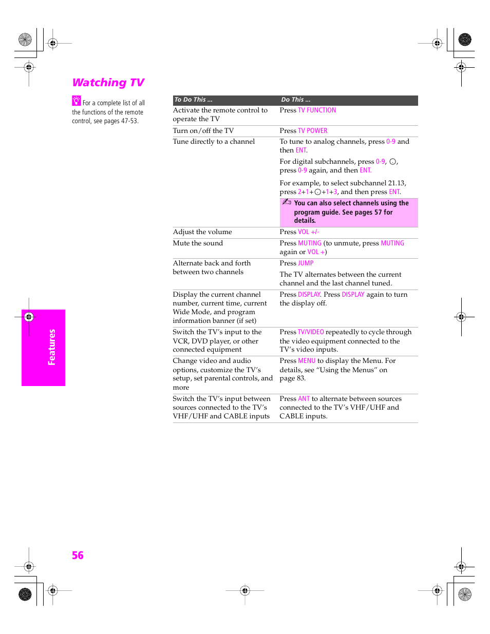 Watching tv | Sony KDP 51WS655 User Manual | Page 57 / 113