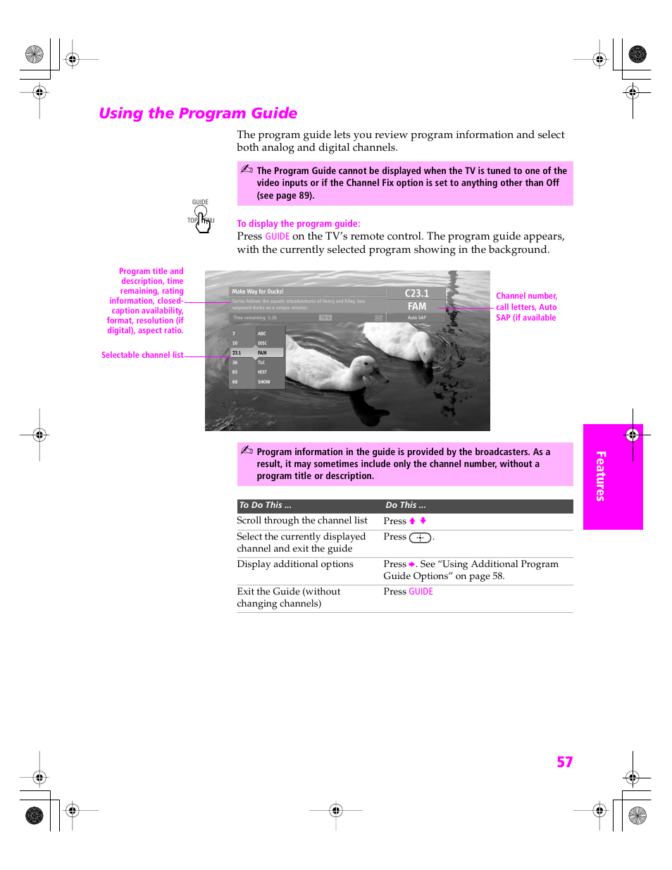 Using the program guide | Sony KDP 51WS655 User Manual | Page 58 / 113