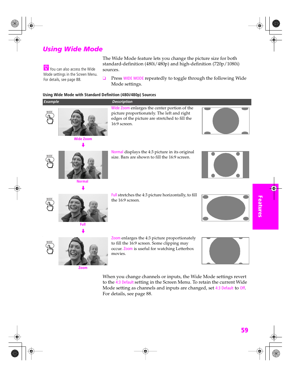 Using wide mode | Sony KDP 51WS655 User Manual | Page 60 / 113