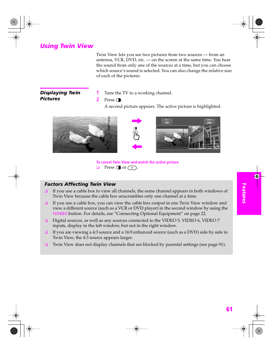 Using twin view, Displaying twin pictures, Factors affecting twin view | Sony KDP 51WS655 User Manual | Page 62 / 113