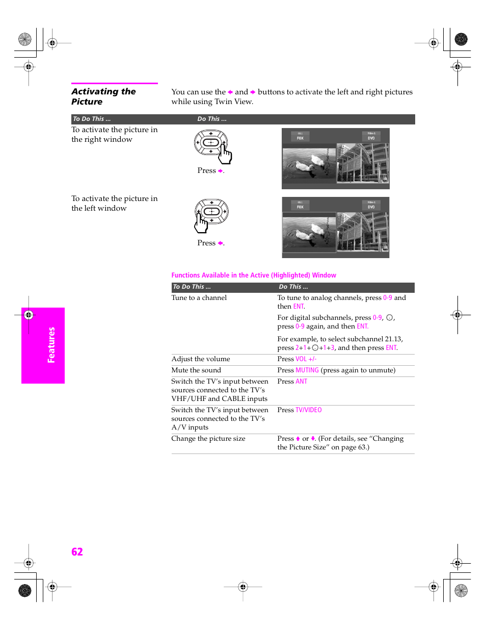 Activating the picture | Sony KDP 51WS655 User Manual | Page 63 / 113
