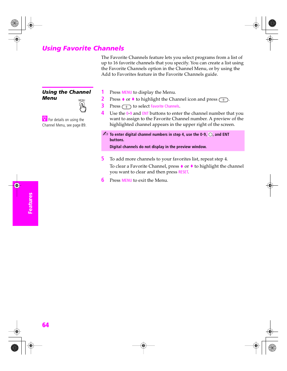 Using favorite channels, Using the channel menu | Sony KDP 51WS655 User Manual | Page 65 / 113