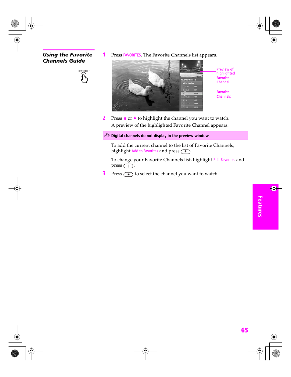Using the favorite channels guide | Sony KDP 51WS655 User Manual | Page 66 / 113