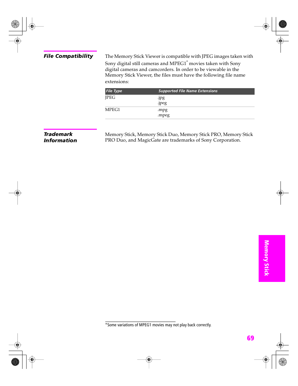 File compatibility, Trademark information | Sony KDP 51WS655 User Manual | Page 70 / 113