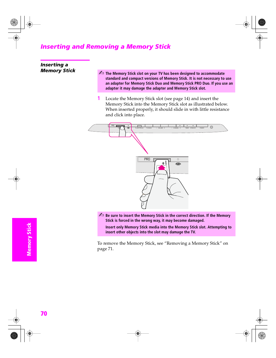 Inserting and removing a memory stick, Inserting a memory stick | Sony KDP 51WS655 User Manual | Page 71 / 113