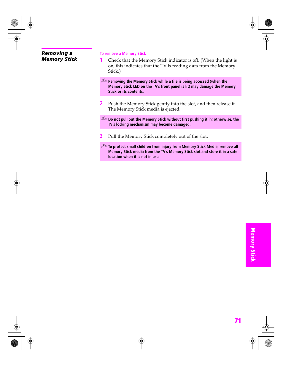 Removing a memory stick | Sony KDP 51WS655 User Manual | Page 72 / 113