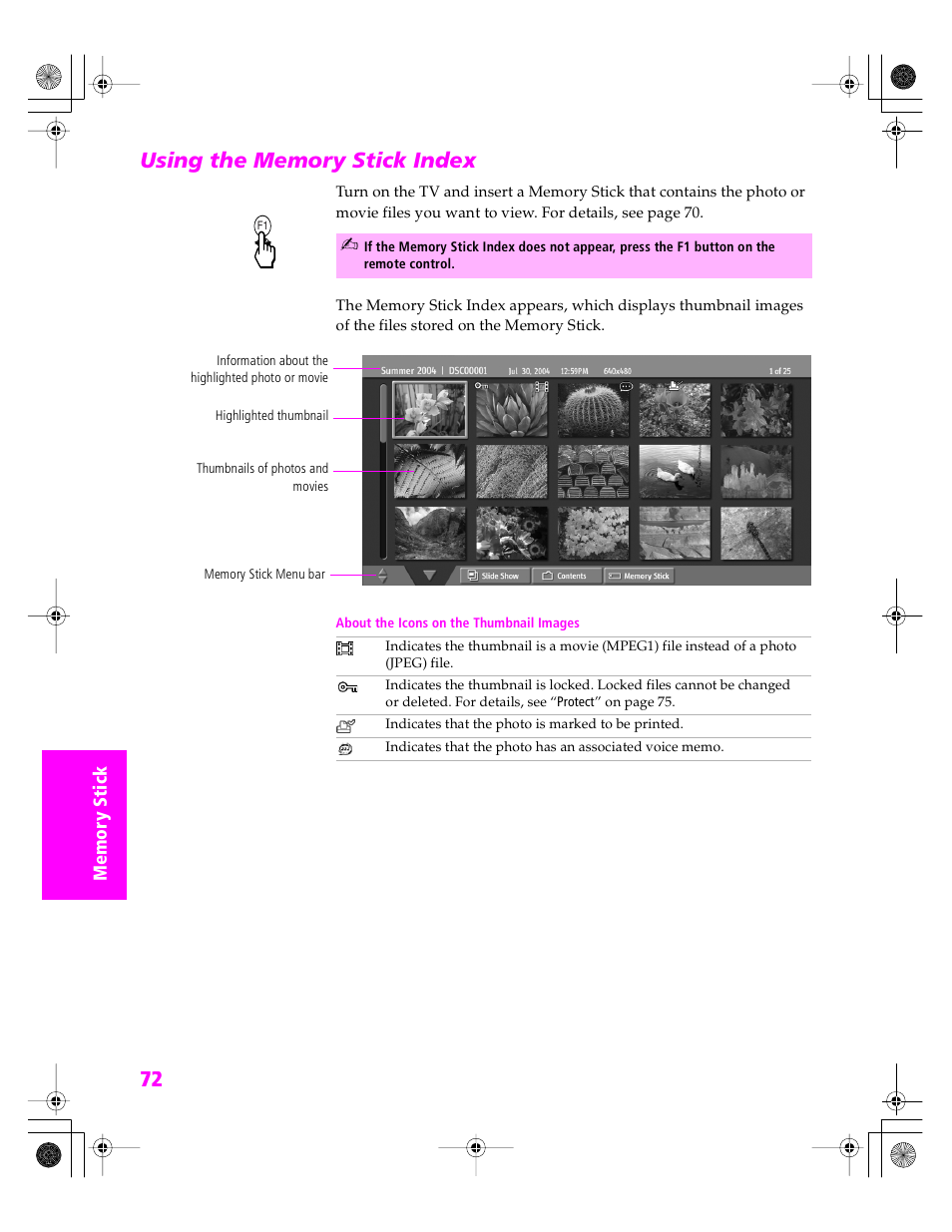 Using the memory stick index | Sony KDP 51WS655 User Manual | Page 73 / 113