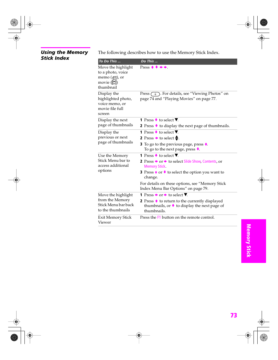 Using the memory stick index | Sony KDP 51WS655 User Manual | Page 74 / 113
