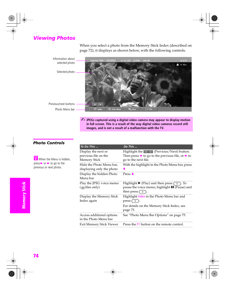 Viewing photos, Photo controls, See “viewing photos” on | Sony KDP 51WS655 User Manual | Page 75 / 113